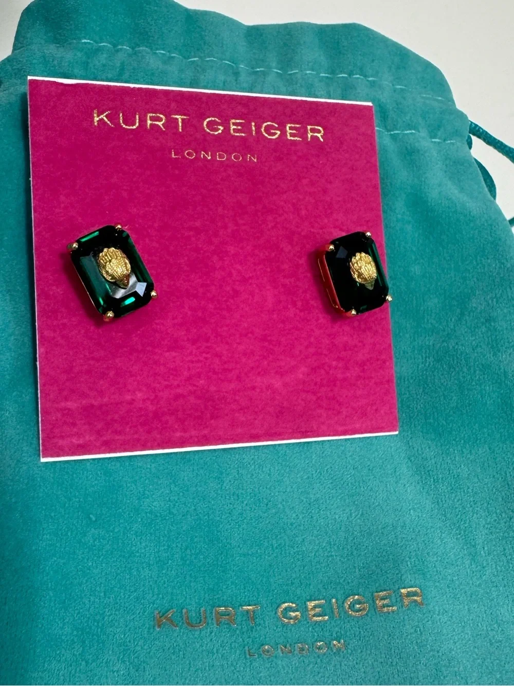 KURT GEIGER London Emerald Cut Crystal Eagle Head Stud Earrings NWT Green